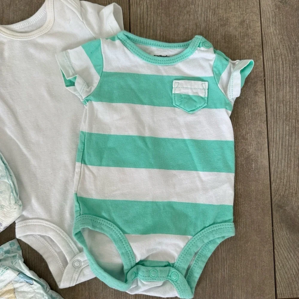 Newborn Carter’s / Koala Baby Baby Boy clothes & two pampers diapers